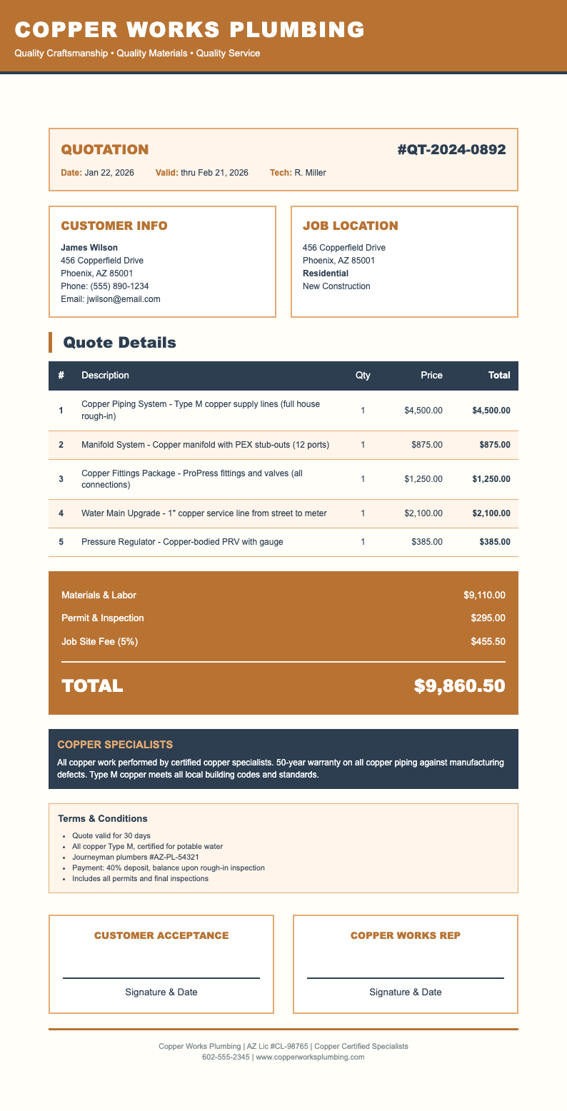 Trade copper plumbing quotation